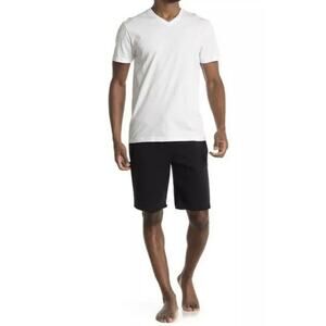 New Men Loungehero White V-Neck Short SleevesTee, Black Pocket Shorts Pajama Set
